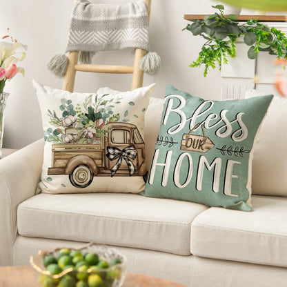 AVOIN colorlife Bless Our Home Farmhouse Eucalyptus Leaves Throw Pillow Covers, 18 x 18 Inch Truck Home Sweet Home Cushion Case Decorations Set of 4