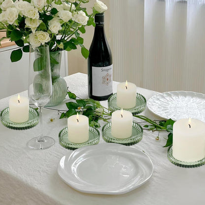 Vixdonos 3.8 Inch Glass Pillar Candle Holder Set Pack 2 Gear Round Plate Serrated Candle Stand for Table Centerpieces,Party, Wedding and Home Decor
