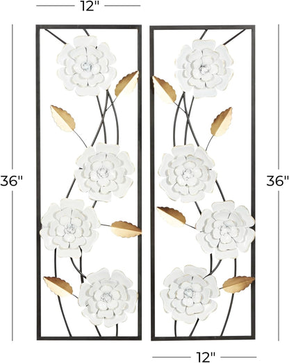 Deco 79 Metal Floral Home Wall Decor Dimensional Floating Wall Sculpture with Black and Gold Accents, Set of 2 Wall Art 12"W, 36"H, White & Gray