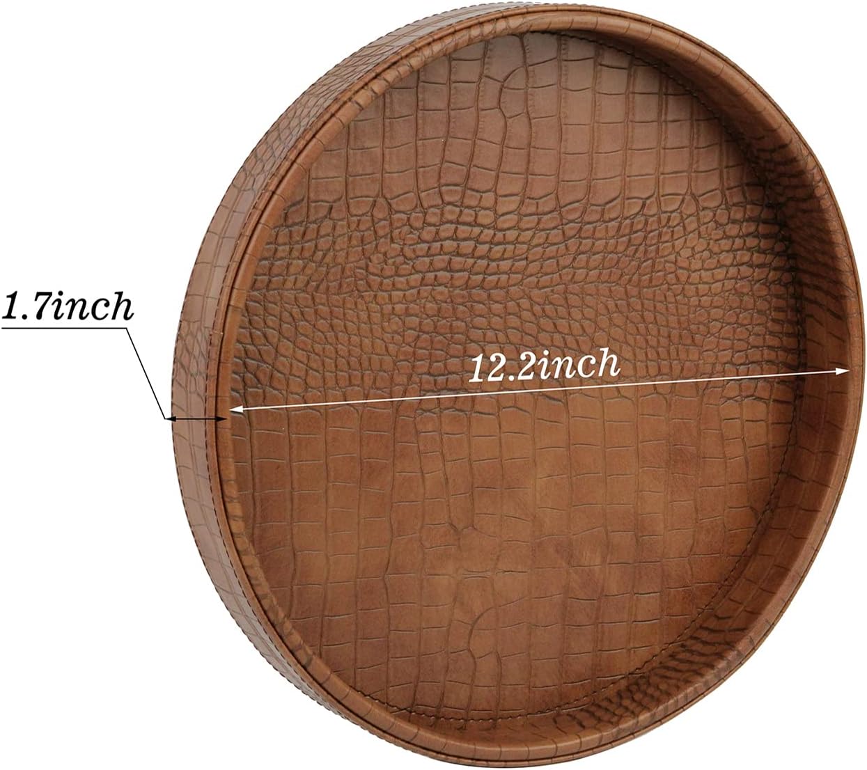 HofferRuffer Round Serving Tray 20'', Elegant Faux Leather Circle Ottoman Table Tray, Serve Tea Coffee Breakfast in Bedroom Living Room Kitchen (Brown)