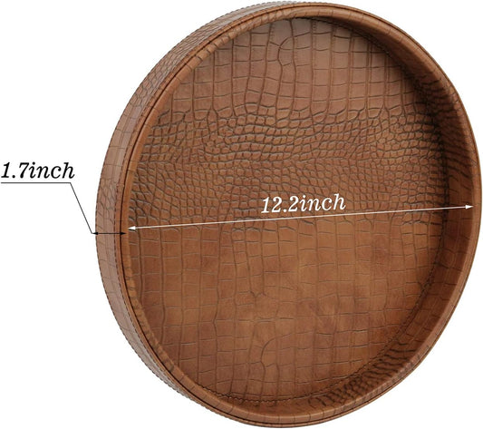 HofferRuffer Round Serving Tray 20'', Elegant Faux Leather Circle Ottoman Table Tray, Serve Tea Coffee Breakfast in Bedroom Living Room Kitchen (Brown)
