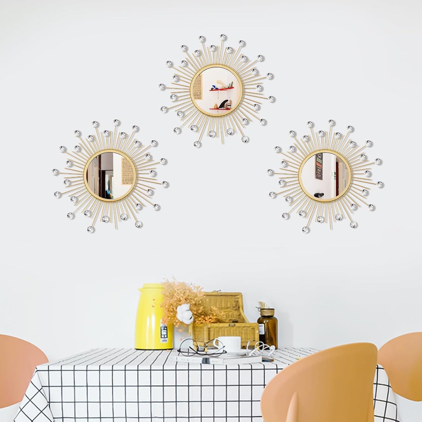 3 Pack Metal Mirrors for Wall Sunburst Wall Mirrors Home Décor Decorative Hanging Wall Art for Living Room Bedroom Entryway (Gold, Flower+Sunburst)