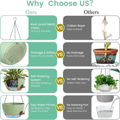 UOUZ Set of 3-10 Inch Self Watering Hanging Planters for Indoor Outdoor，Hanging Plant Pots with Drainage & Removable Tray, Hanging Pots Holder for Ivy, Pothos, Ferns, Balcony & Patio, Black with Brown
