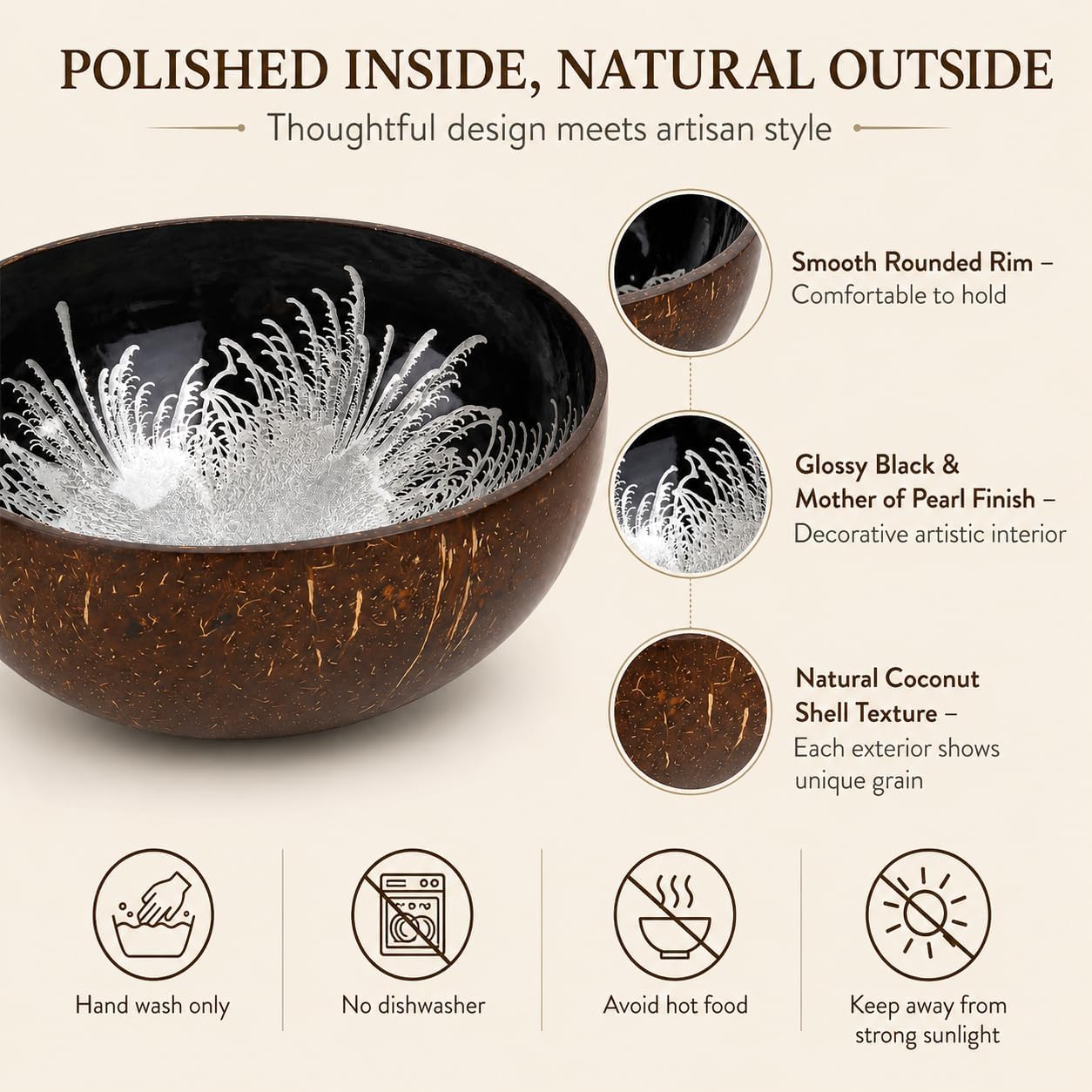 ChezMax Natural Coconut Bowl with Mother of Pearl Inlays - Key Bowl & Fruit Snack Holder (Blue-Gold)