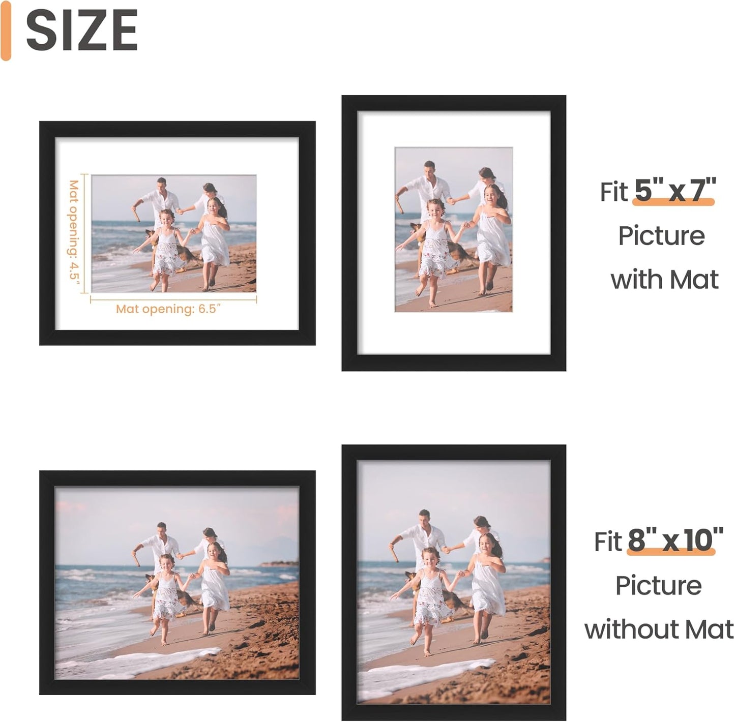 upsimples 8x10 Picture Frame, Display Pictures 5x7 with Mat or 8x10 Without Mat, Wall Hanging Photo Frame, Black, 1 Pack - Colors B