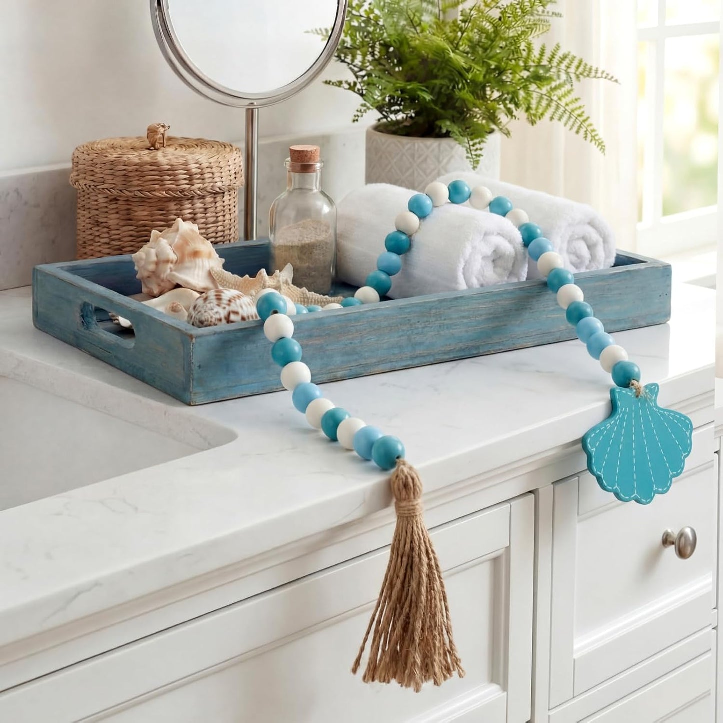 Janinka 2 Pcs Farmhouse Seashell Bead Garland with Tassels Decorative Beads Decor Nautical Farmhouse Tiered Tray Decorations Set Coastal Garland for Home and Kitchen, Wooden Beads(White)