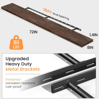 Floating Shelves 36 Inches Long - 8 Inch Deep Rustic Premium Solid Pine Wood for Storage - Farmhouse Wall Mounted for Living Room - Heavy-Duty Metal Bracket - 36" W x 8" D - Set of 2 - White Color