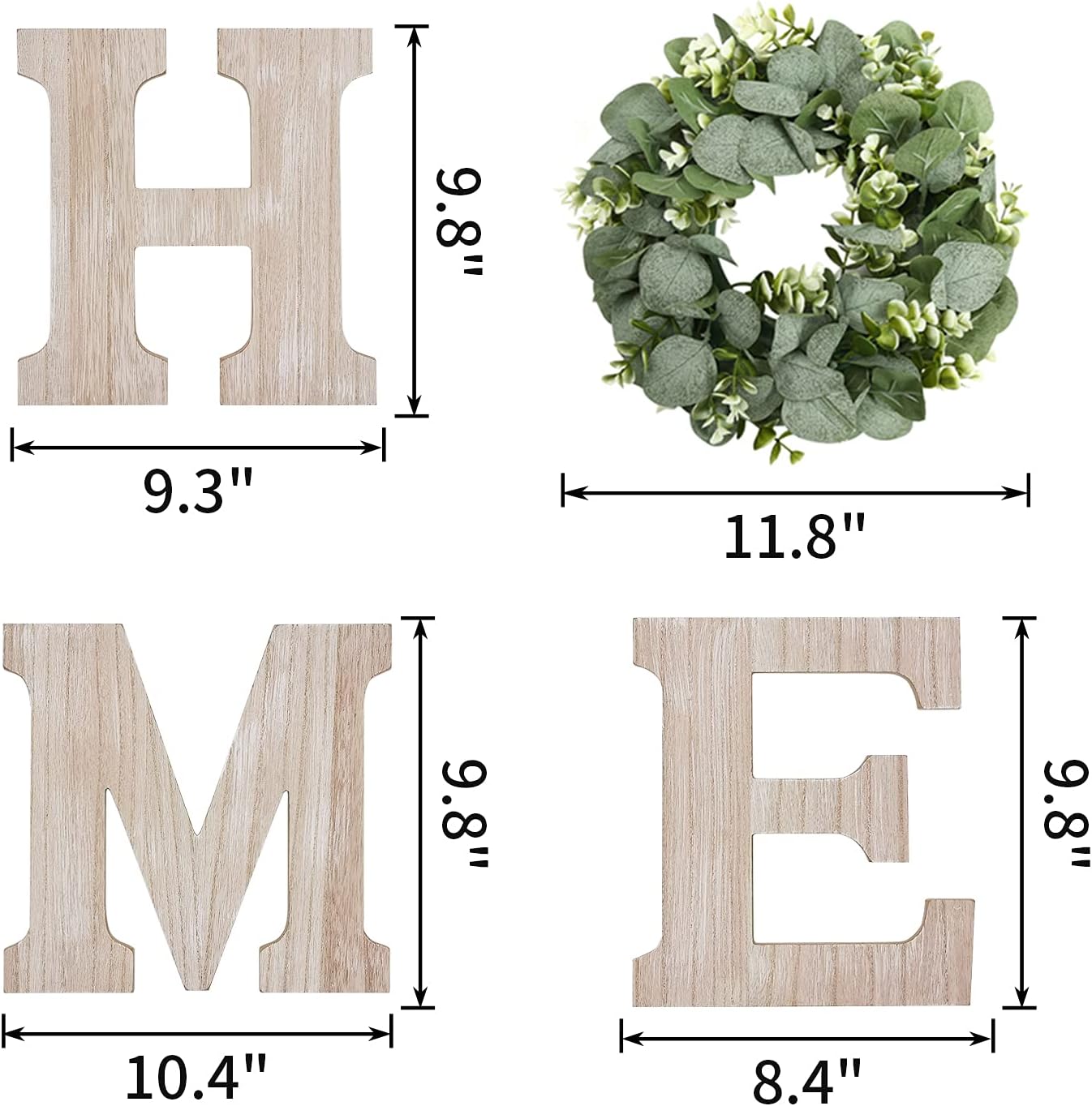 Pinkpum Wood Home Sign with Artificial Eucalyptus Wreath for O, Hanging Farmhouse Wall House Decor Wood Letters for Wall Art Rustic Home Decor, Wall Decor for Living Room Kitchen Entryway (Black)