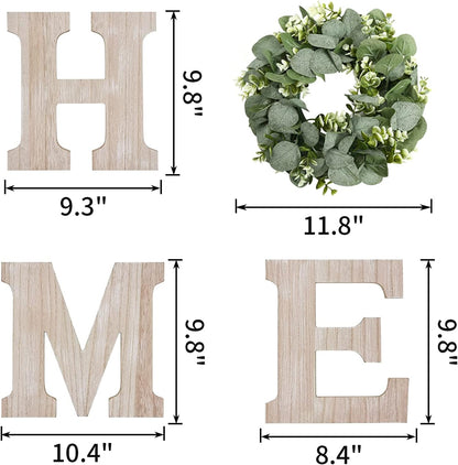 Pinkpum Wood Home Sign with Artificial Eucalyptus Wreath for O, Hanging Farmhouse Wall House Decor Wood Letters for Wall Art Rustic Home Decor, Wall Decor for Living Room Kitchen Entryway (Black)