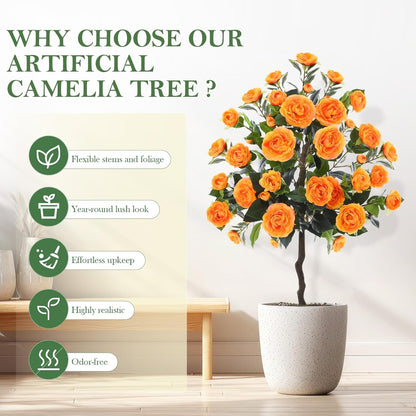 Lunmon 2 Pack 3ft Artificial Camellia Plants Tree 36" Faux Camellia Flower with Spike UV Resistant Realistic Fake Floral Blooming Bush for Indoor Outdoor Front Door Porch Backyard Garden, Purple