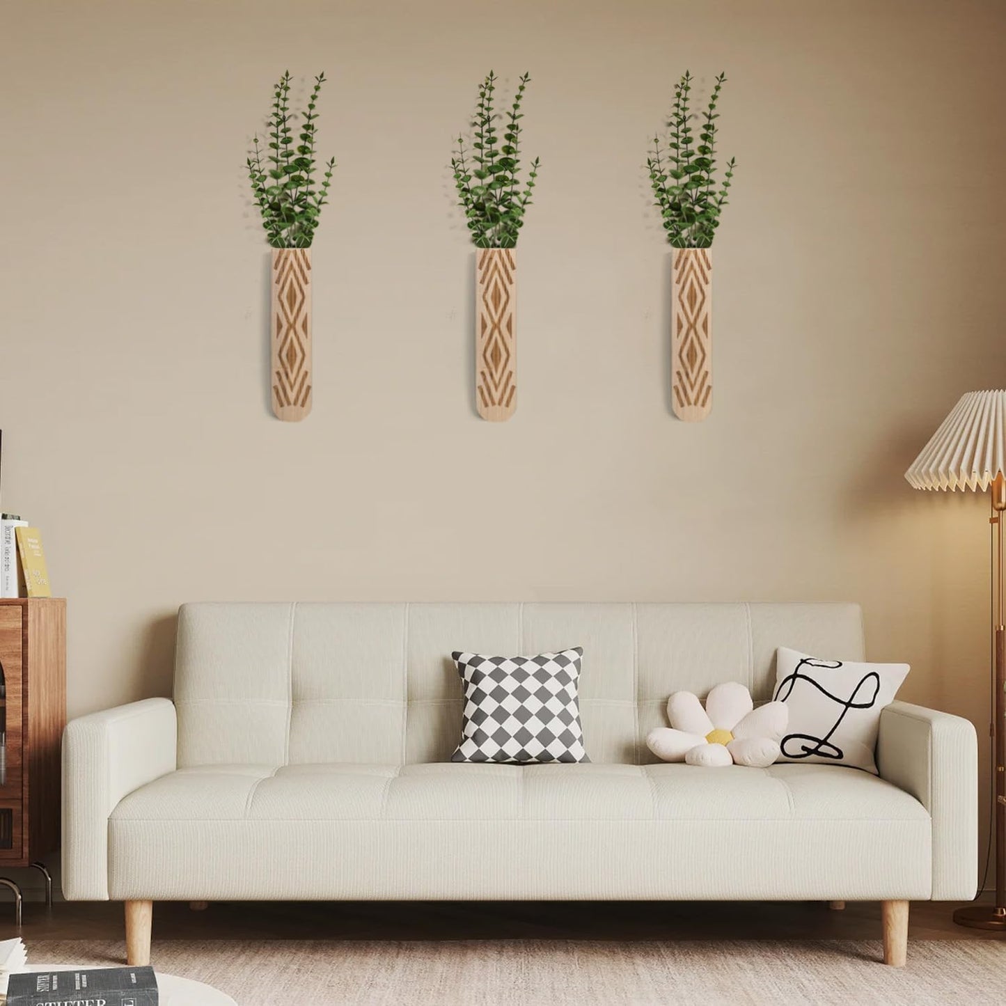 Wooden Wall Planter Set of 4 - Modern Home Decor for Living Room, Bedroom, Bathroom - Walnut Finish Planter for Dried Flowers, Faux Greenery, Indoor Plants