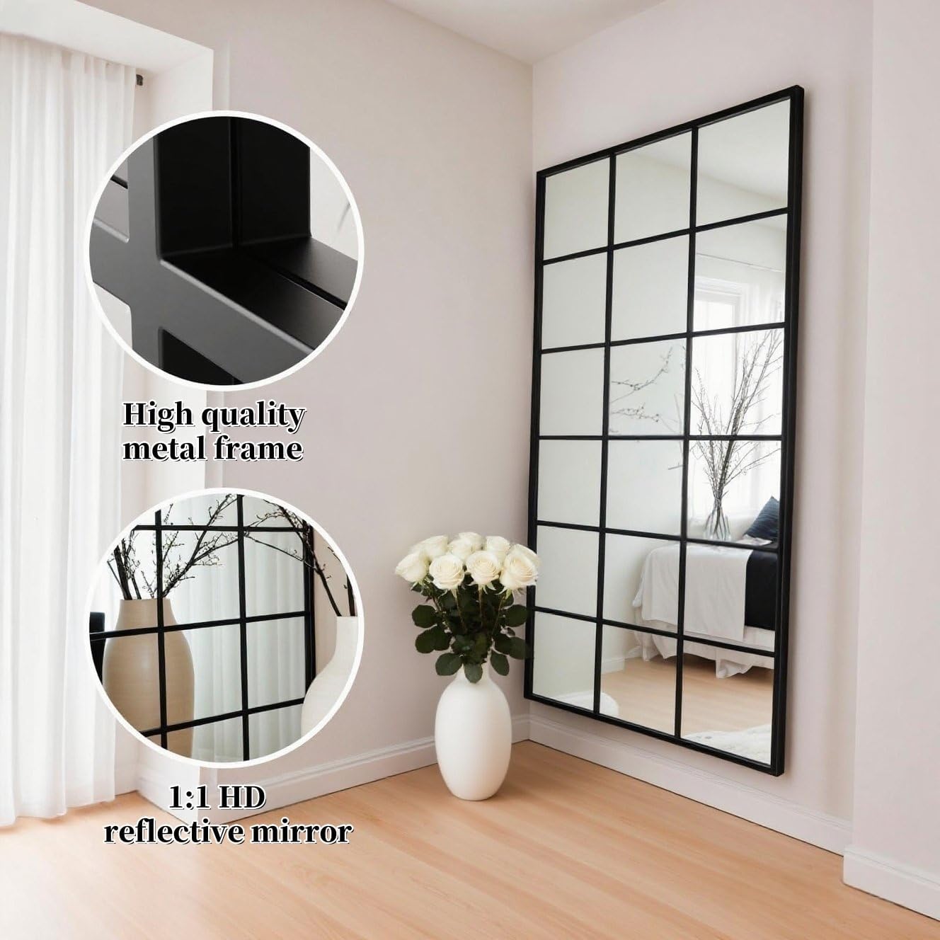 Dewfig 65"x 22" Arched Window pane Full Length Mirror, Wall Mirror, Floor Standing Mirrors, Farmhouse Long Full Body Mirrors Wall Mounted for Living Room, Bedroom, Entryway, Fireplace, Black