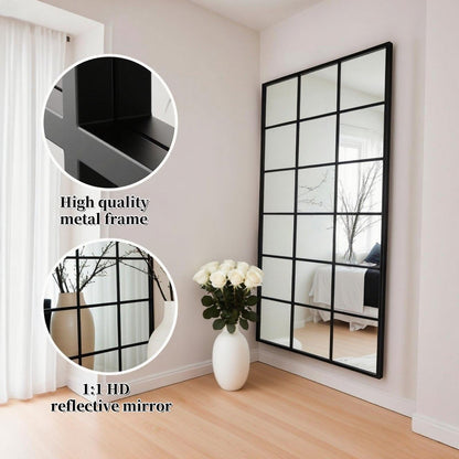Dewfig 65"x 22" Arched Window pane Full Length Mirror, Wall Mirror, Floor Standing Mirrors, Farmhouse Long Full Body Mirrors Wall Mounted for Living Room, Bedroom, Entryway, Fireplace, Black