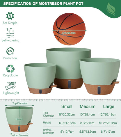 montresor 12/10/8 Inch Self Watering Pots for Indoor Plants Plastic Large Plant Pots for Outdoor Plants, Water Level Window & Spacious Reservoir Flower Pots Decorative Planter with Drainage and Tray