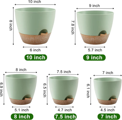 QRRICA Plant Pots 10/9/8/7.5/7 Inch Self Watering Pots, Set of 5 Plastic Planters with Drainage Holes and Saucers,Plastic Flower Pots,Nursery Planting Pot for Indoor Out Door Plants（Green）
