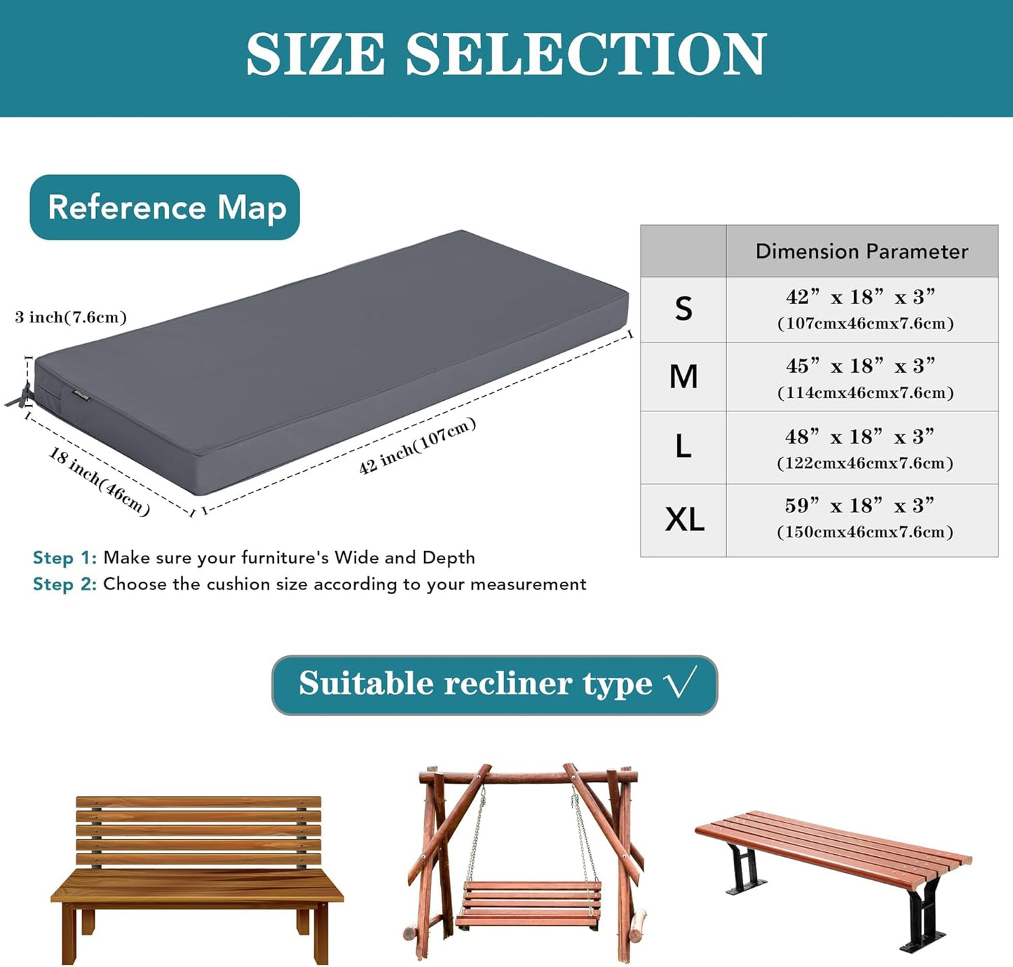 Outdoor Bench Cushions 48 x 18 Inch Thick Waterproof Porch Swing Cushions with Tie Patio Furniture Chair Cushion Bench Pad 5 Year Color Fastness Backyard Seat Pads Navy