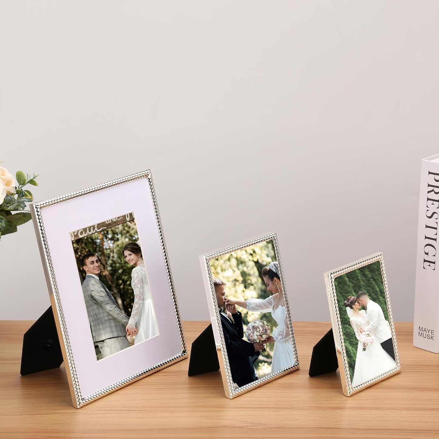 Gold 6x8'' Floating Photo Frame 2 Pack, Beaded Metal Frame Fits 3.5x5'', 4x6'' & 5x7'' Pictures, Adjustable Tabletop & Shelf Display, Elegant Wedding Gift for Home Decor