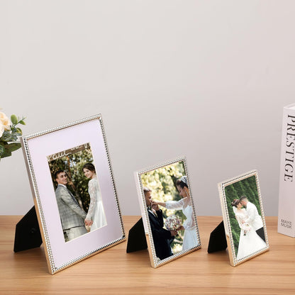 Gold 6x8'' Floating Photo Frame 2 Pack, Beaded Metal Frame Fits 3.5x5'', 4x6'' & 5x7'' Pictures, Adjustable Tabletop & Shelf Display, Elegant Wedding Gift for Home Decor