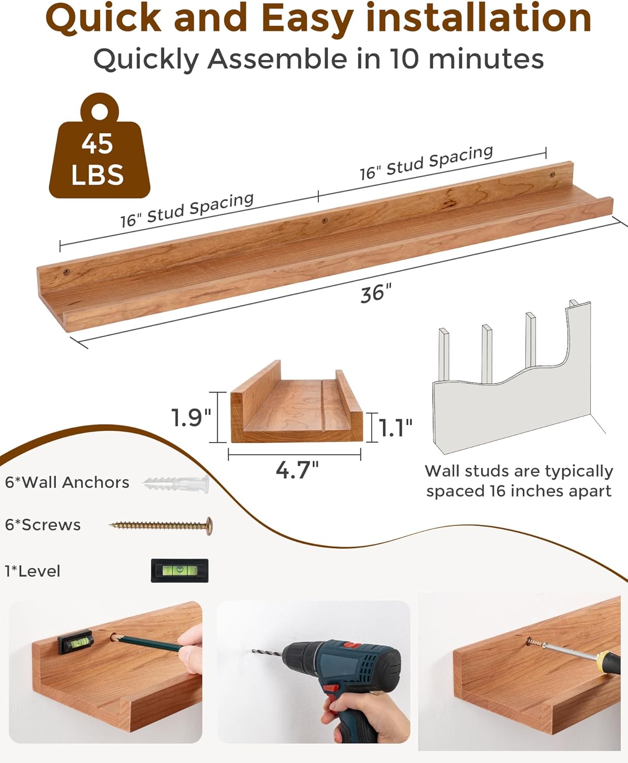Axeman Oak Picture Ledge Shelf, 48 Inch Floating Shelves Set of 2, Solid Oak Wood Wall Shelves with Lip, Wall Decor Storage for Bedroom Living Room Bathroom Kitchen Nursery Photo Picture, Natural Oak
