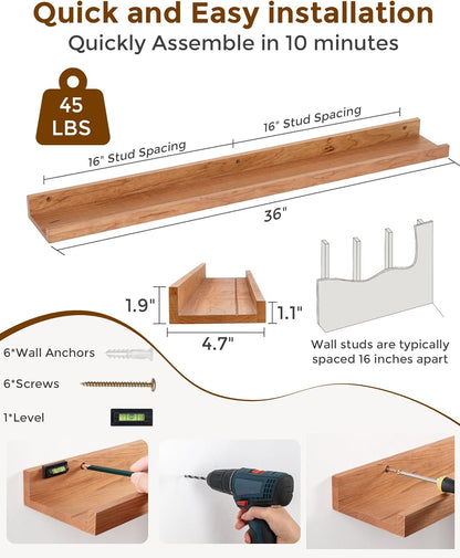 Axeman Oak Picture Ledge Shelf, 48 Inch Floating Shelves Set of 2, Solid Oak Wood Wall Shelves with Lip, Wall Decor Storage for Bedroom Living Room Bathroom Kitchen Nursery Photo Picture, Natural Oak