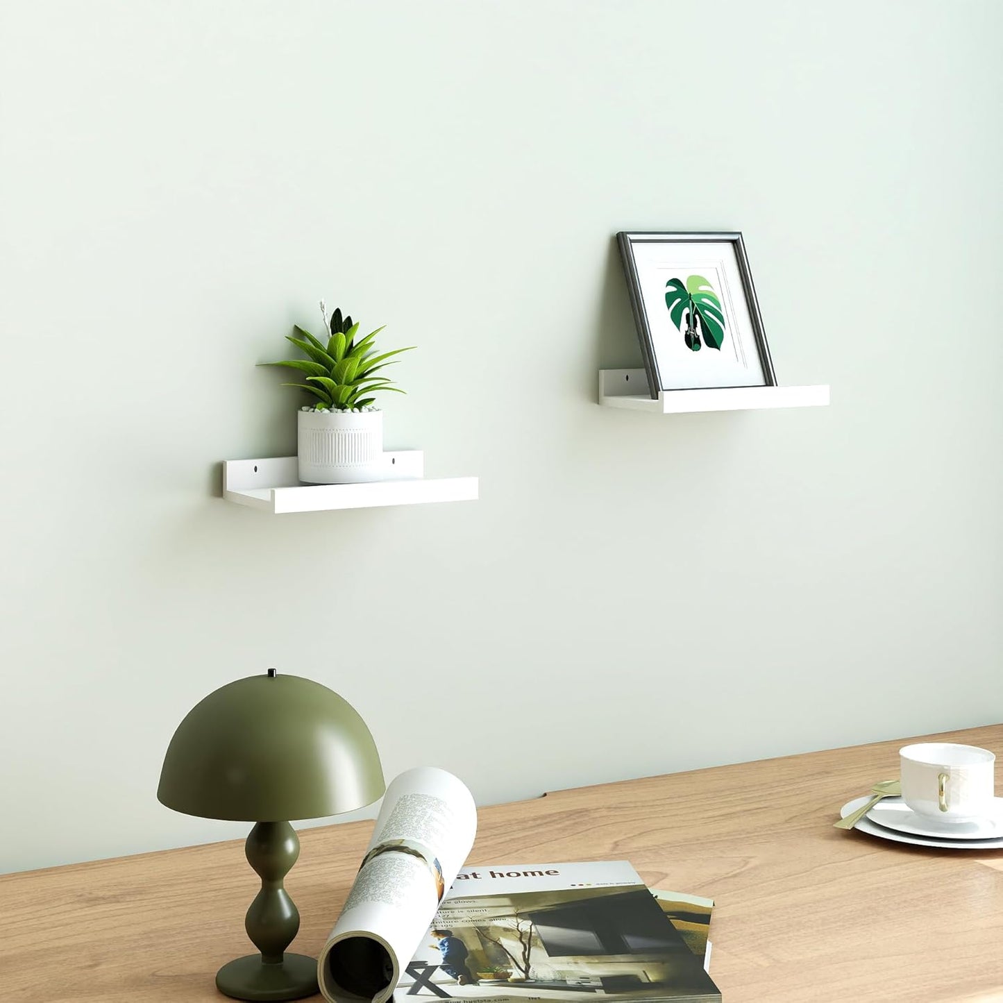 White Floating Shelves for Wall Decor, Wall Mounted Wood Storage Shelf for Bedroom, Living Room, Bathroom, Kitchen, Nursery, Display Picture Ledge Shelf with Lip Set of 2-14 Inches, White