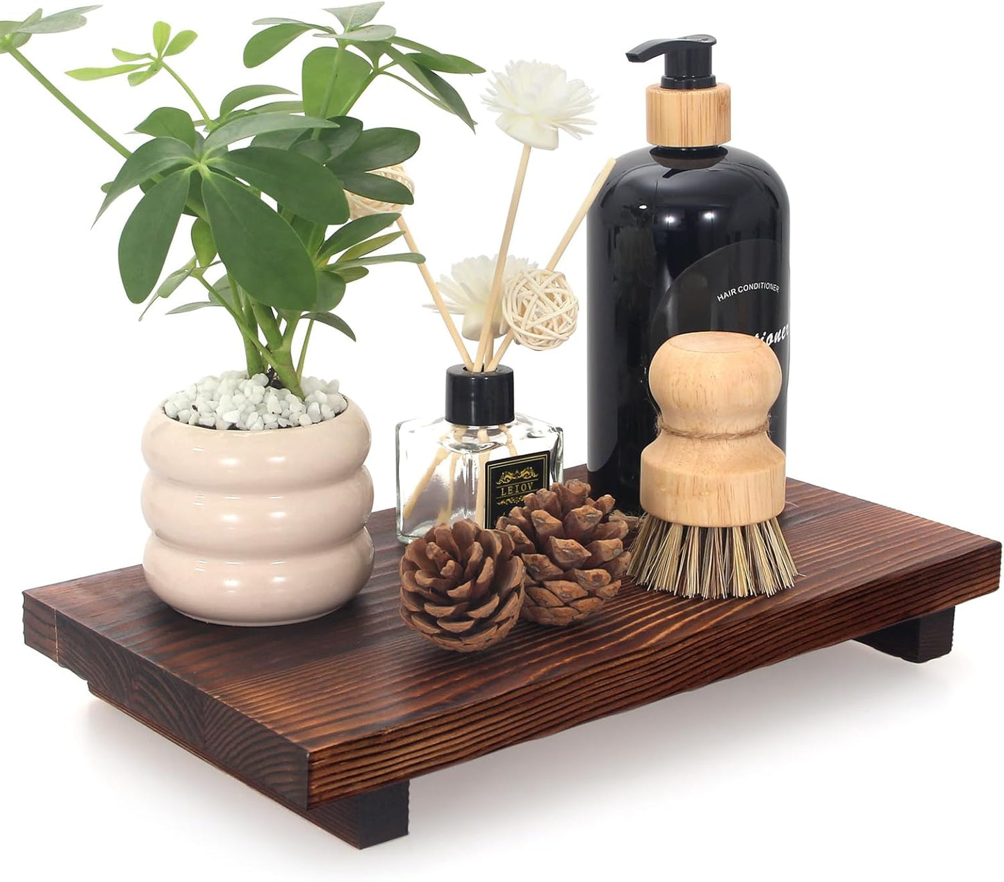 Black Bathroom Vanity Organizer Tray for Countertop Small Wooden Pedestal Stand Farmhouse Kitchen Sink Tray Decorative Hand Soap Dish Dispenser Holder Wood Risers Modern Bathroom Decor Accessories