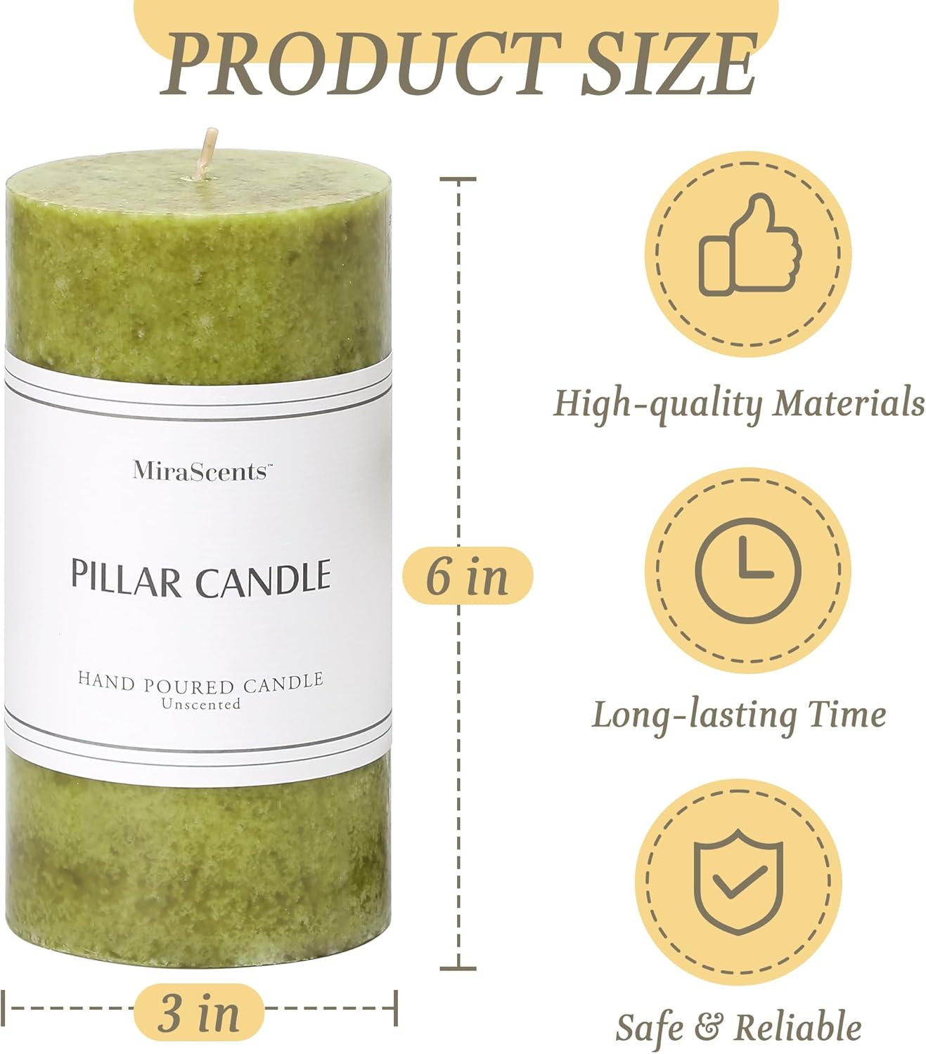 3x4 inch Green Pillar Candles Set of 3, Unscented Pillar Candle, Dripless and Smokeless Large Candles, Candle for Home Decor, Dinner Table,Weddings, Holidays