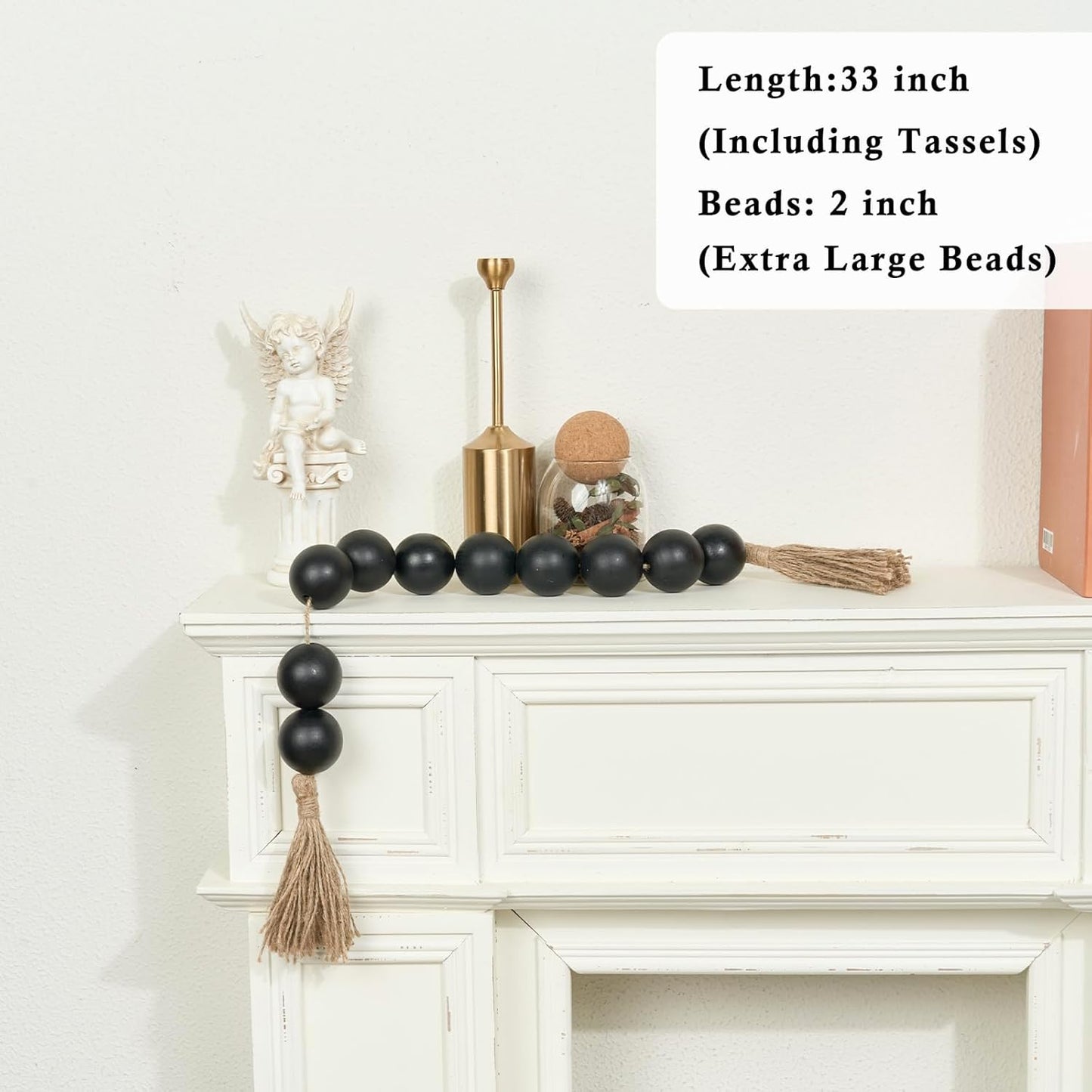 OMISHE Extra Large Wood Bead Garland with 2" Diameter Wooden Beads, 25.5" Long Rustic Farmhouse Decorative Wooden Beads Garland with Tassels, Boho Decorations for Home Table Mantle, Black