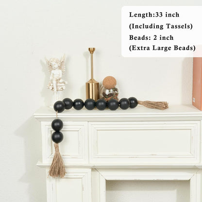 OMISHE Extra Large Wood Bead Garland with 2" Diameter Wooden Beads, 25.5" Long Rustic Farmhouse Decorative Wooden Beads Garland with Tassels, Boho Decorations for Home Table Mantle, Black