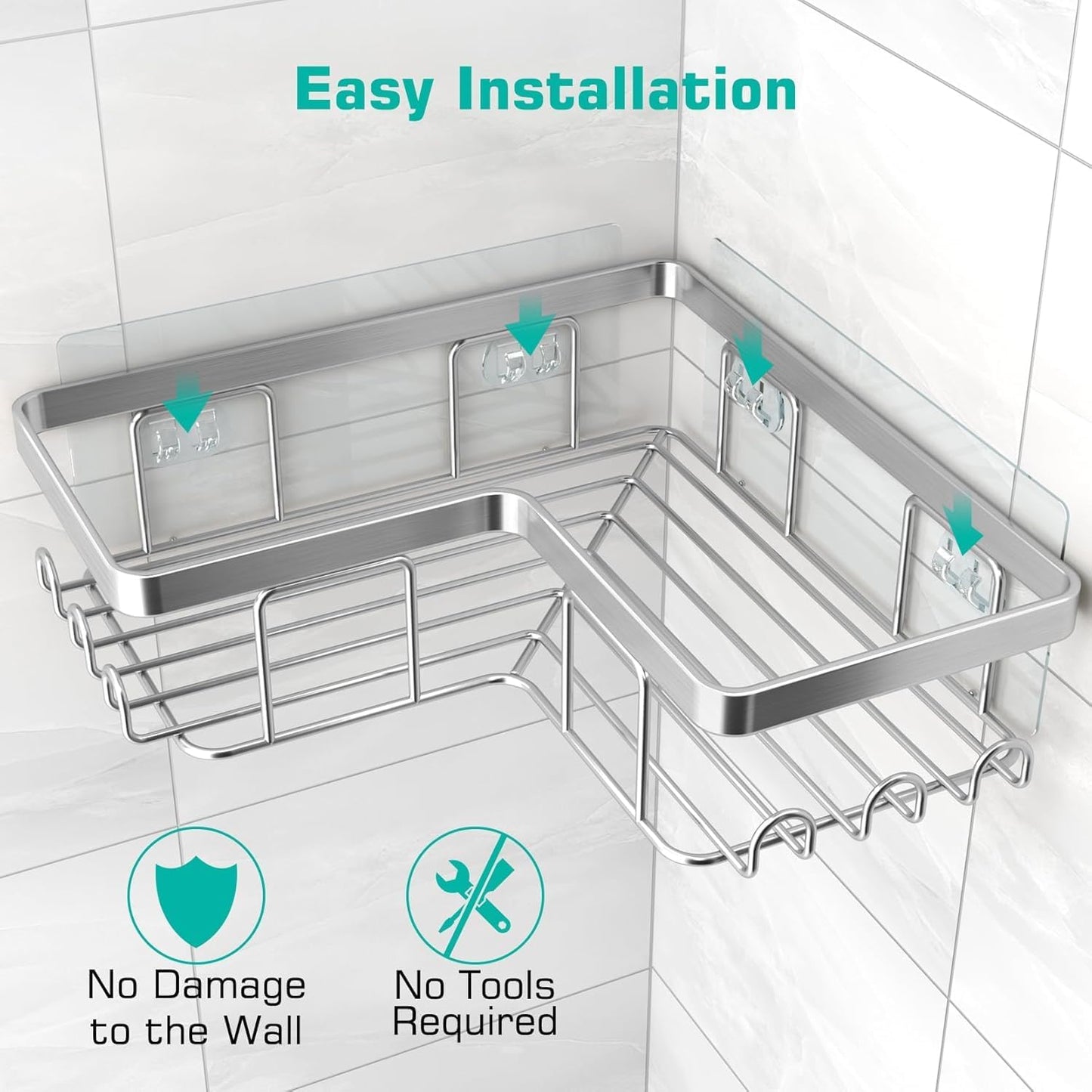 YASONIC Corner Adhesive Shower Caddy, with Soap Holder and 12 Hooks, Rustproof Stainless Steel Bathroom Organizer, No Drilling Wall Mounted Rack, Black, 3-Pack