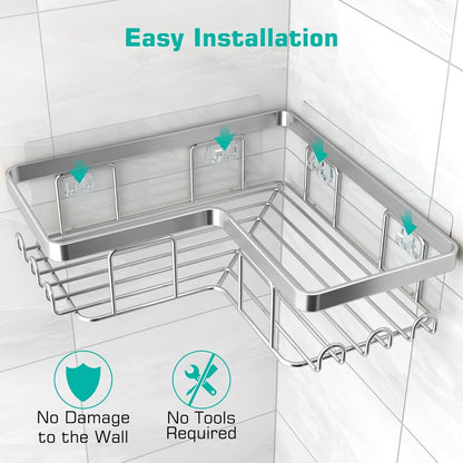 YASONIC Corner Adhesive Shower Caddy, with Soap Holder and 12 Hooks, Rustproof Stainless Steel Bathroom Organizer, No Drilling Wall Mounted Rack, Black, 3-Pack