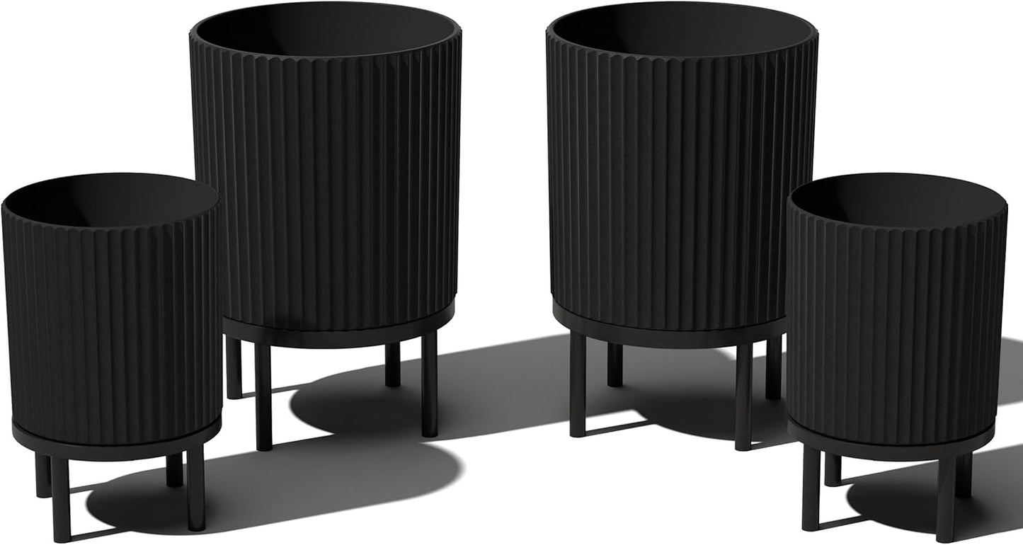 Veradek Demi Series Round Planter w/ Stand for Porch/Patio | Durable Plastic-Concrete & Wooden Stand | Modern Décor for Tall Plants, Flowers
