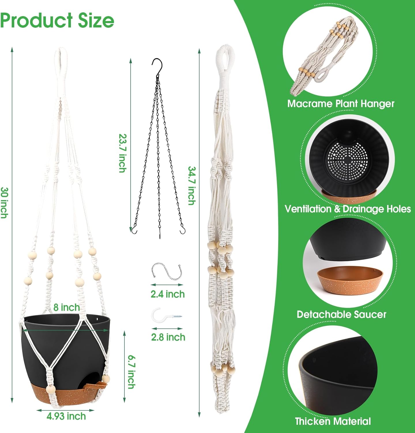 Vanslogreen Hanging Planters for Indoor Outdoor Plants, 2 Pack Self Watering Hanging Pot with Drainage Holes & Removable Tray (Black, 8'')