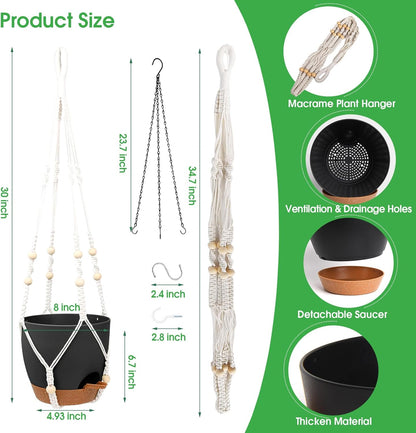 Vanslogreen Hanging Planters for Indoor Outdoor Plants, 2 Pack Self Watering Hanging Pot with Drainage Holes & Removable Tray (Black, 8'')