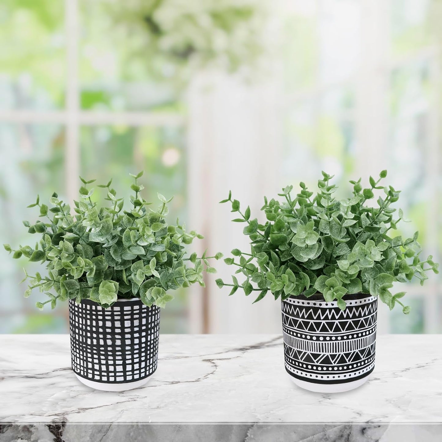 Winlyn Set of 2 Small Artificial Potted Plants Faux Eucalyptus Plant in White Geometric Ceramic Pots Small Desk Potted Plants 7.1" Tall for Home Office Room Decorations Wedding Greenery Centerpiece