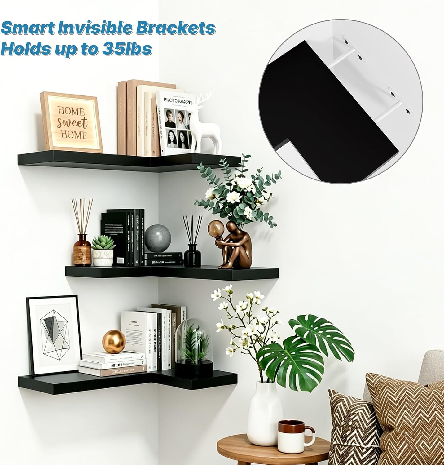 NATURE'S SOURCE Floating Corner Shelves with Invisible Brackets Set of 3, Corner Shelves Wall Mounted, for Home Bedroom Bathroom Kitchen Living Room Office- 16.1" x 11.5" (Pure White)