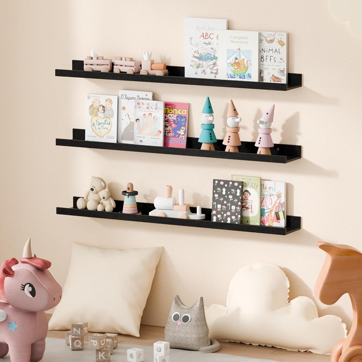 upsimples 6 Pack Wooden Floating Shelves, Wall Storage Decor Shelf for Bathroom, Bedroom, Living Room, Kitchen, Office and Laundry Room, Wall Mounted Display Hanging Shelf, Brown