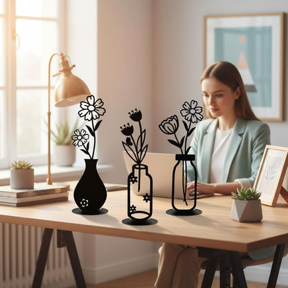 3PCS Sculptures Home Decor, Metal Vase Tabletop Decor, Home Decor for Living Rooms Bedrooms Bookshelves and Desks (Black)