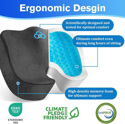 CushyOasis Seat Cushion, Gel Chair Cushions, Office Chair Cushions, Anti-Slip Bottom & Removable Cover Tailbone Pain Relief Cushion, Memory Foam Seat Cushion for Office, Wheelchair, Car (Black)