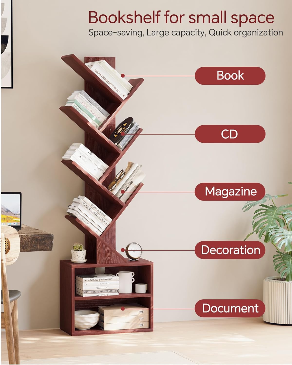 SUNMORY 6 Tier Tree Bookshelf, Small Bookcase with Storage Cabinet, Modern Tall Narrow Bookshelves Organizer, Floor Standing Book Shelf for Bedroom/Living Room/Home Office/Corner, Rustic Brown