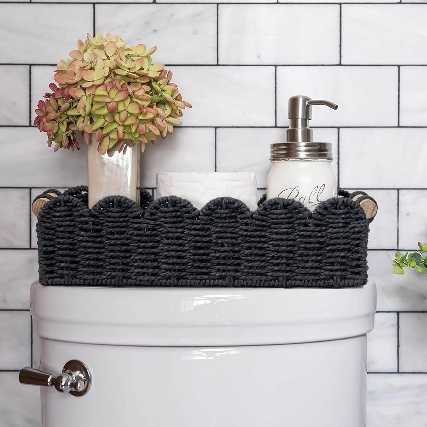 CubesLand Paper Rope Scalloped Edge Toilet Paper Storage Basket, Small Living Room, Bedroom Decor Baskets for Over Toilet Storage Shelf, End Table, Shelves and More, with 2 Wooden Handle, Neutral