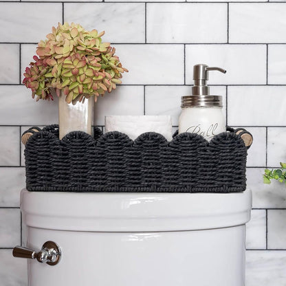 CubesLand Paper Rope Scalloped Edge Toilet Paper Storage Basket, Small Living Room, Bedroom Decor Baskets for Over Toilet Storage Shelf, End Table, Shelves and More, with 2 Wooden Handle, Neutral