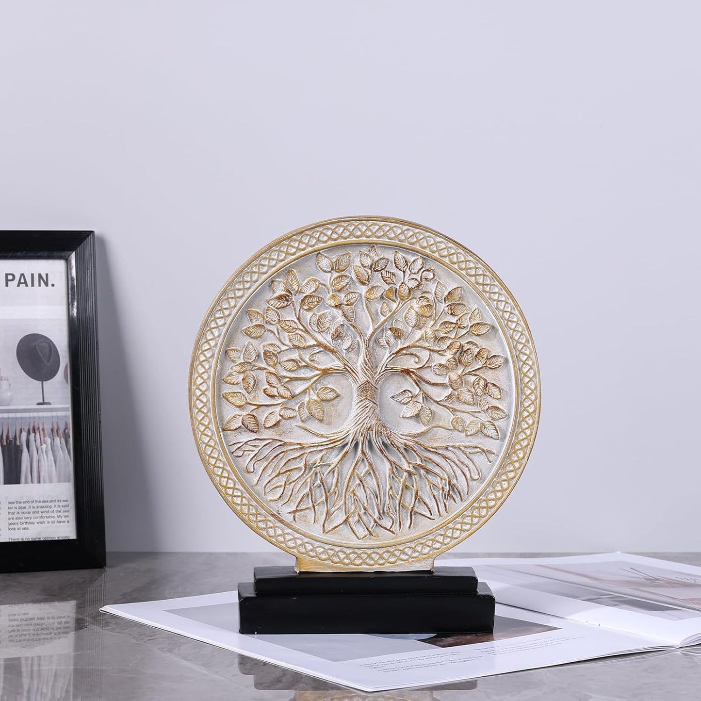 DOVDOV Abstract Circular Tree of Life Decorative Sculpture, Black and Gold Home Decor, Modern Art Home Accent Suitable for Office Shelves, Coffee Tables, and Above Cabinet Decorative Statue.
