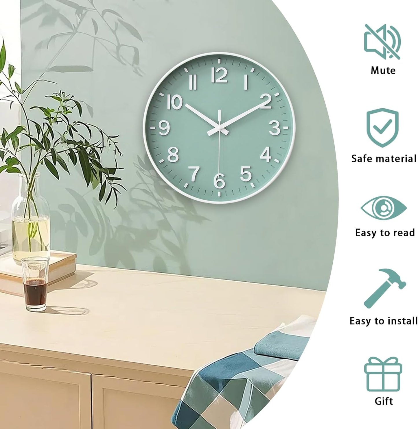 HZDHCLH Wall Clocks Battery Operated,12 inch Silent Non Ticking Modern Wall Clock for Living Room Bedroom Kitchen Office Classroom Decor (Olive Green and Gold)