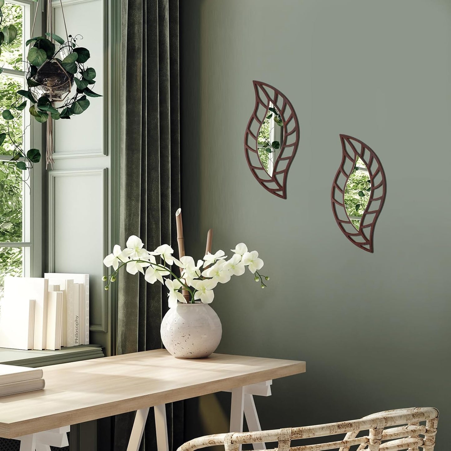 Roowest 2 Pcs Decorative Mirror Wall Decor Leaf Teardrop Mirror Wall Mounted Decorations for Living Room Bedroom Bathroom Vanity Entryway Office(Black)