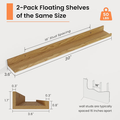 RICHFOCUS Picture Ledge Shelf, 24 inch Floating Shelves Set of 2, Wood Wall Shelves with Lip, Wall Decor Storage for Bedroom Living Room Bathroom Kitchen Nursery Photo Picture, Walnut