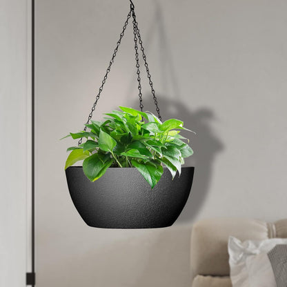 WSMKSZ 10 inch Hanging Planters for Outdoor Indoor Plants with Drainage Holes and Chain, 2 Pack Round Hanging Flower Pots for Garden Home Porch Decor, Black