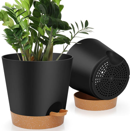 YNNICO Indoor Self Watering Planters with Drainage Holes and Saucers, 8, 7, 6.5, 6, 5.5, 5 Inches, Black, 6 Pots