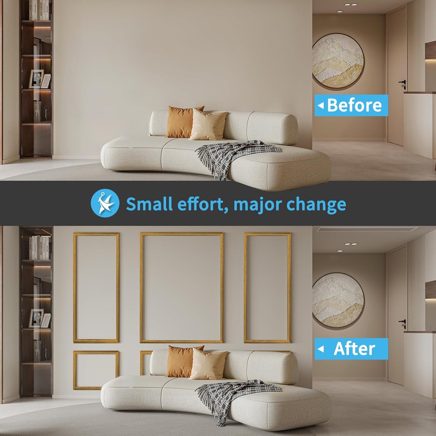 Art3d Pre-Cut Wall Molding Set of 6 pcs, Ready-to-Assemble Wainscoting Panels for Interior Wall Décor Living Room Bedroom Accent Wall - Installed with Glue, 3 Top 3 Bottom