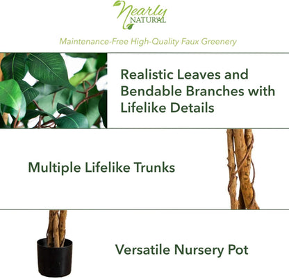 Nearly Natural 4ft Triple Trunk Ficus Silk Tree with Natural Wood Trunks and Dense Foliage, Mid-Size Faux Floor Plant for Home and Office